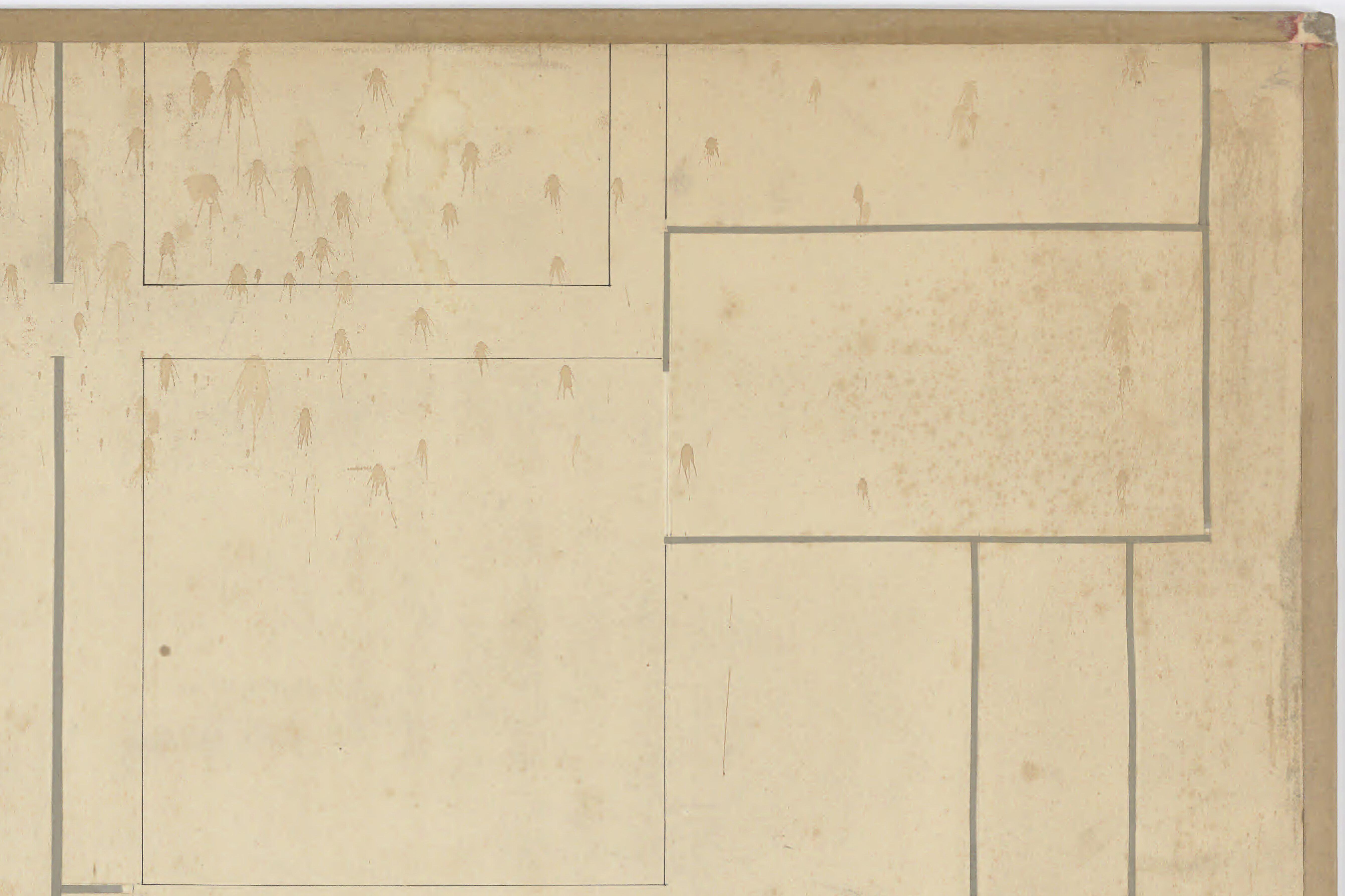 Close-up of the unpainted brown tapes and drop marks on the artwork in the top right corner of the second-floor plan of Hôtel Particulier.