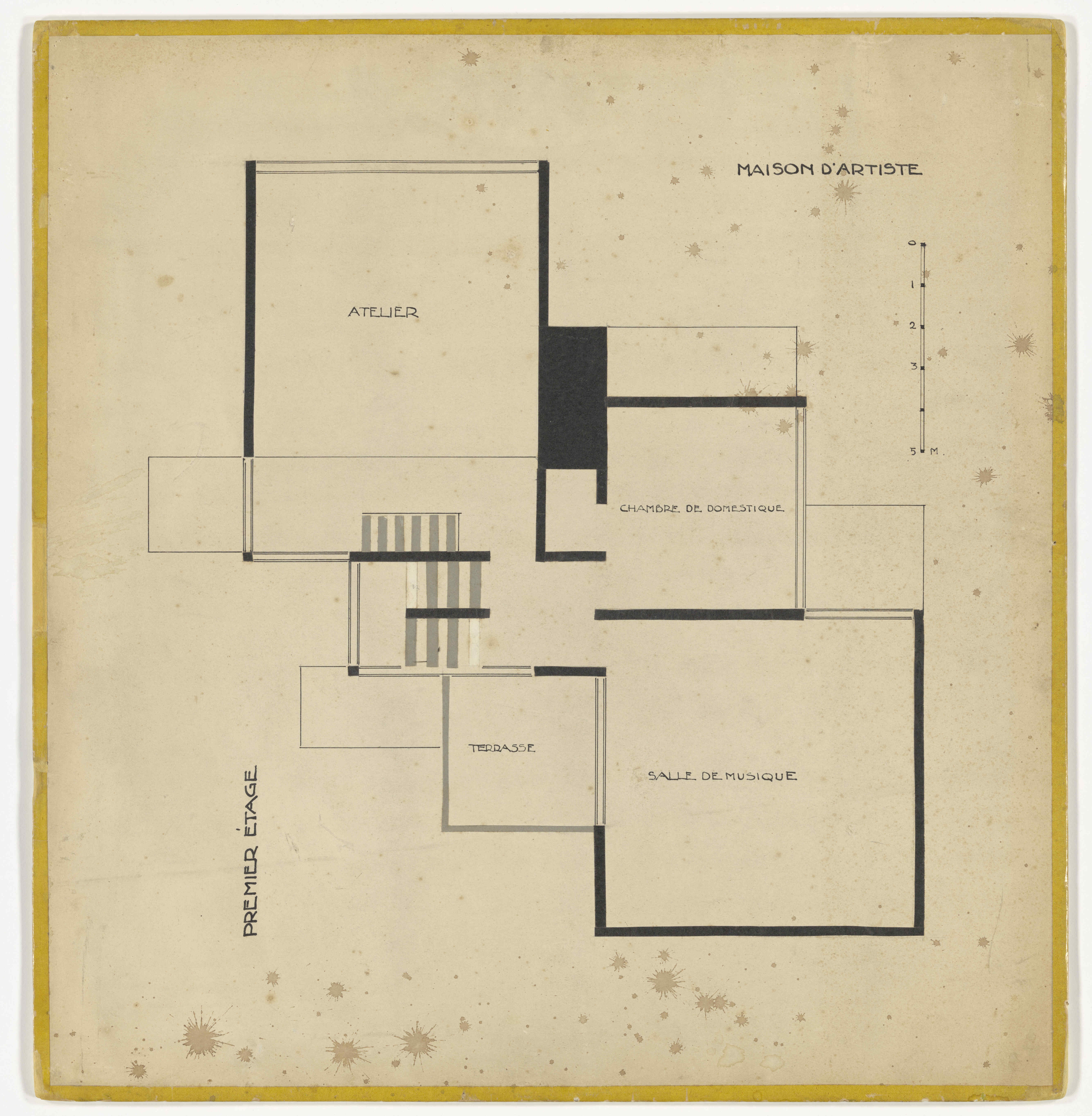 Collage of the first floor plan of Maison d’Artiste, a house with a studio, with a yellow-coloured glazed paper frame. 