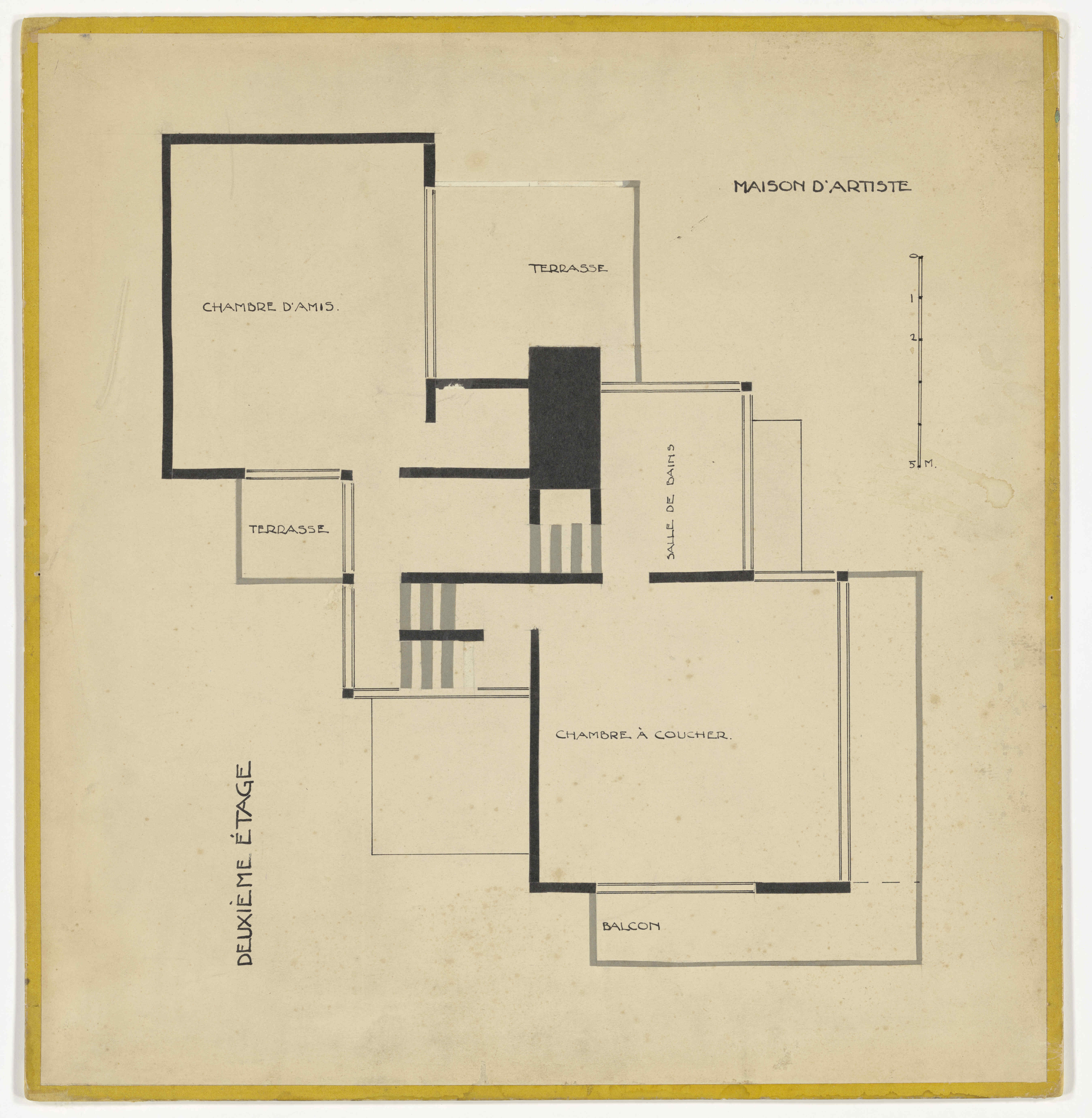 Collage of the second floor plan of Maison d’Artiste, a house with a studio, with a yellow-coloured glazed paper frame. 