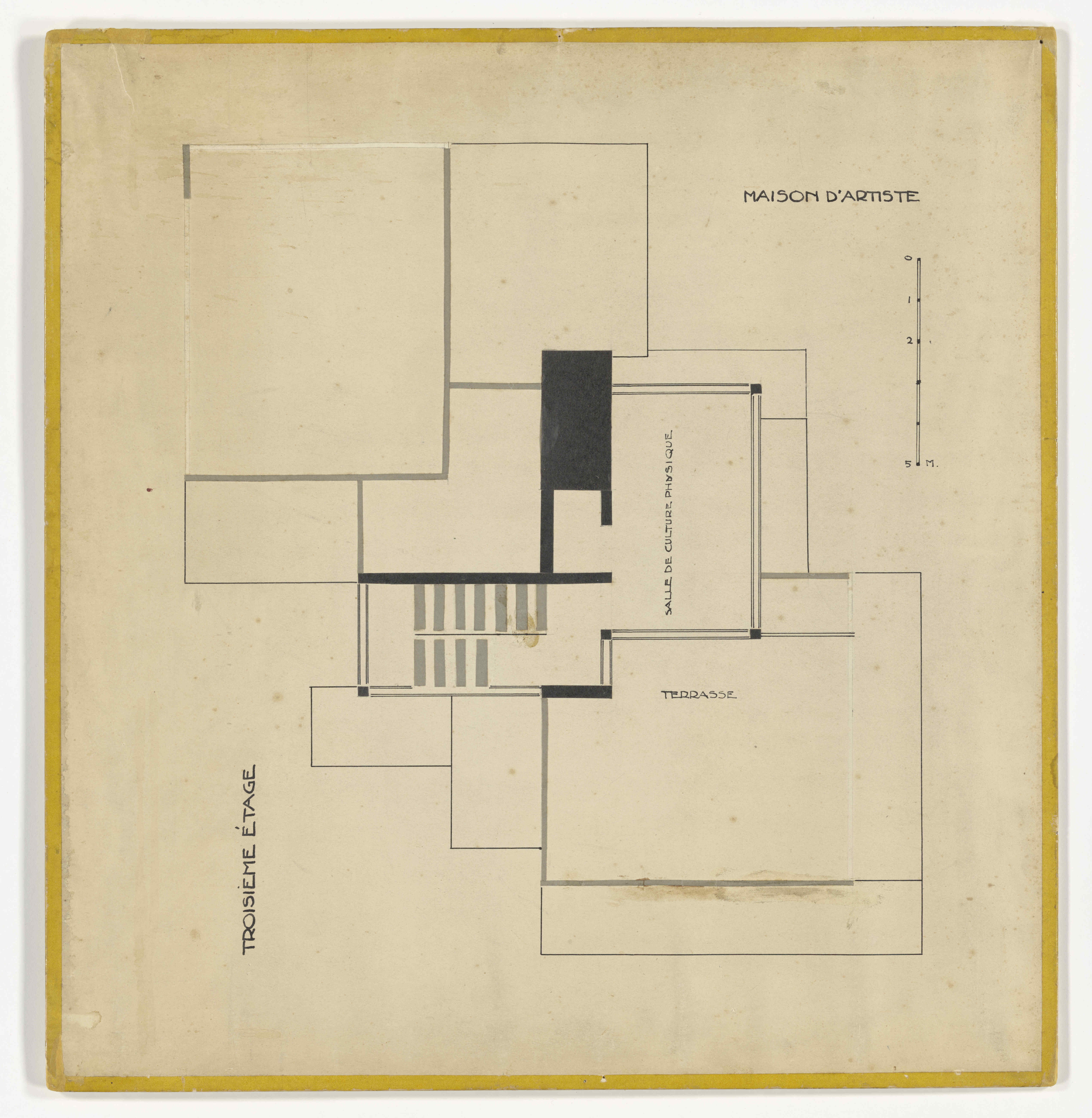 Collage of the third floor plan of Maison d’Artiste, a house with a studio, with a yellow-coloured glazed paper frame. 