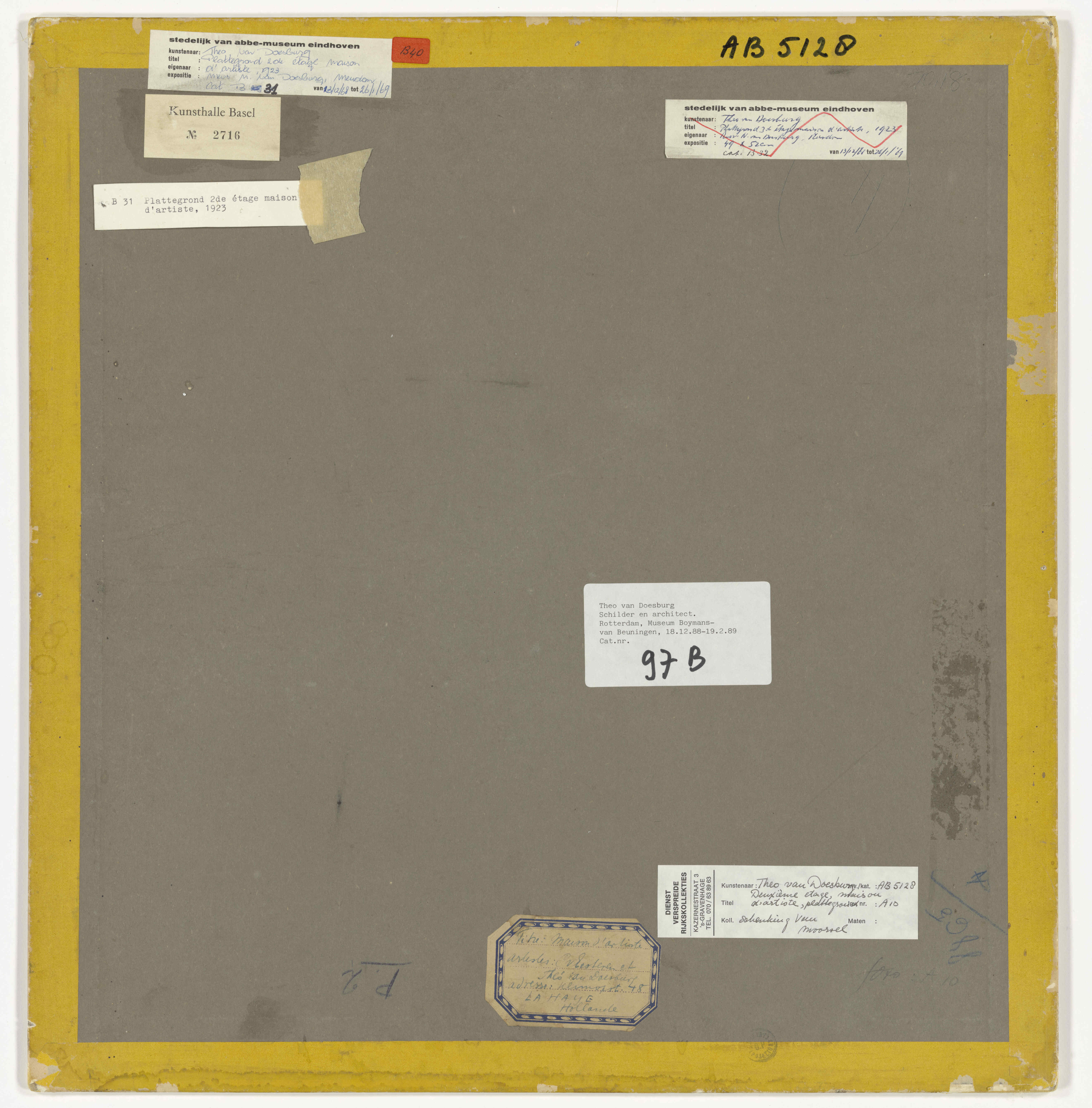 The verso of the second-floor plan of Maison d’Artiste, showing the grey backing paper, yellow-coloured tape, and several labels.