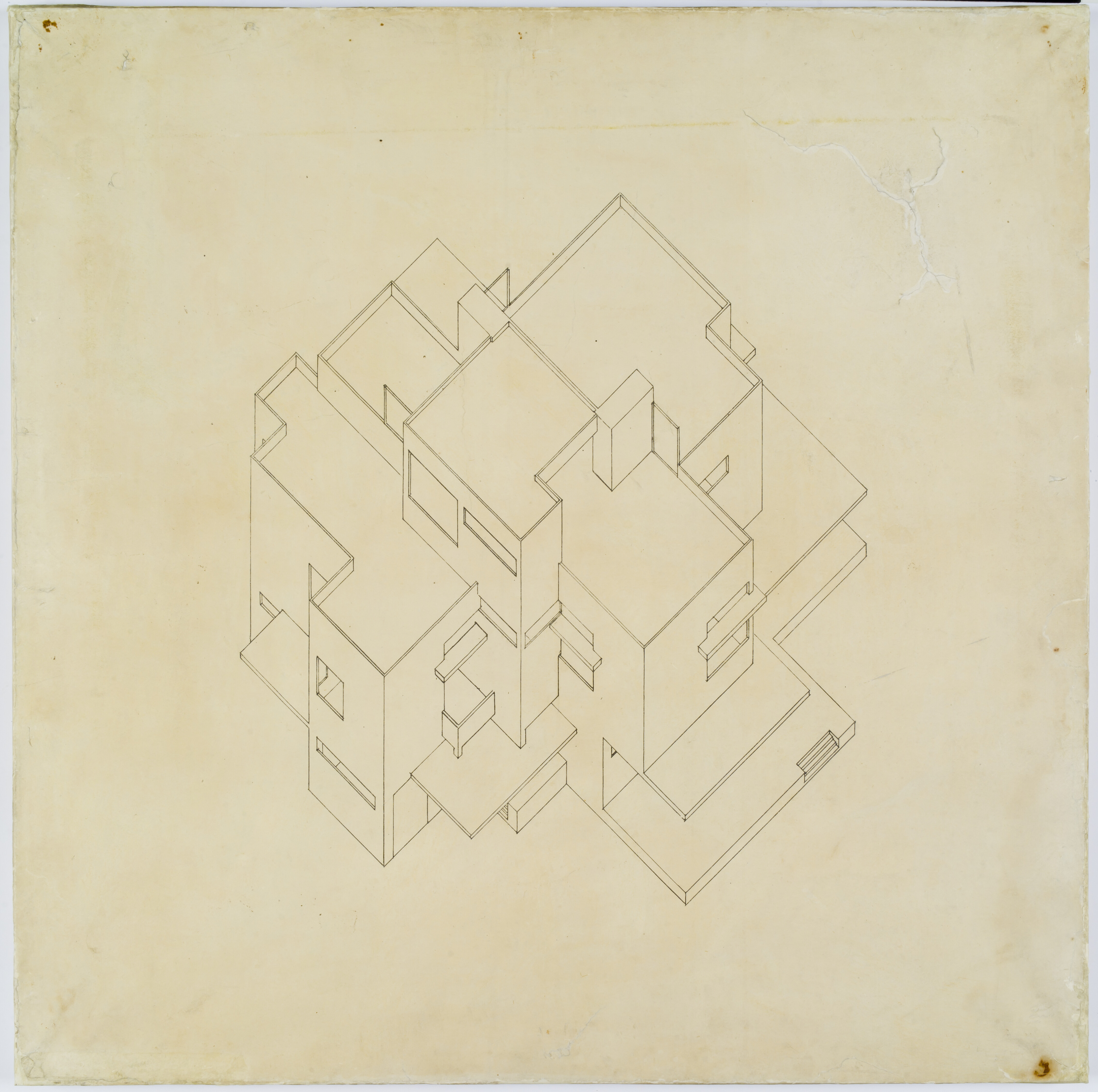 Axonometric projection of Maison Particulière, a residential building showing three floors of rectangular shapes, seen from the southwest.
