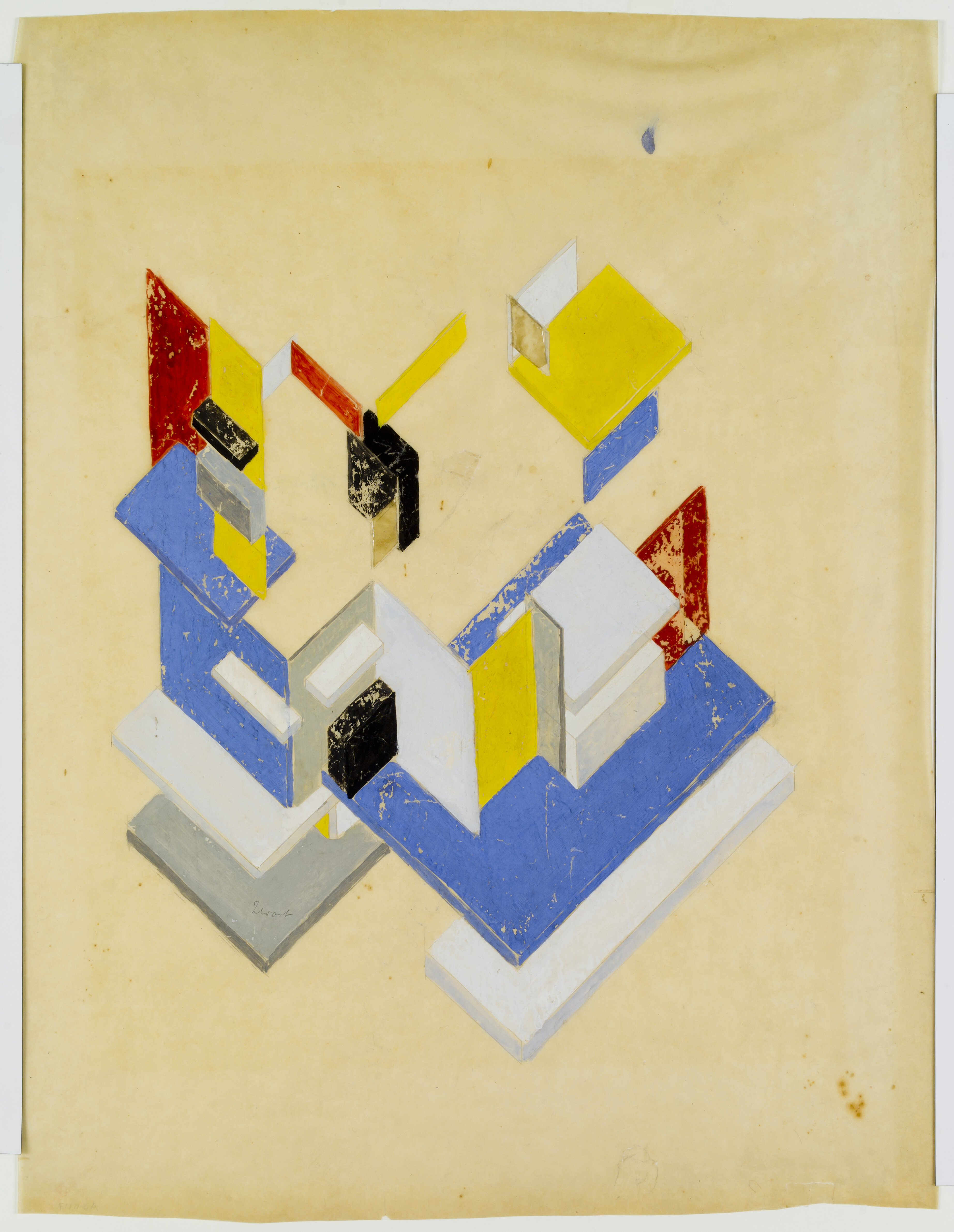 Deconstructed axonometric, so-called contra-construction, seen from the southwest. The drawing consists of rectangular and square planes in red, yellow, blue, grey, white and black, floating through space with no apparent connection.